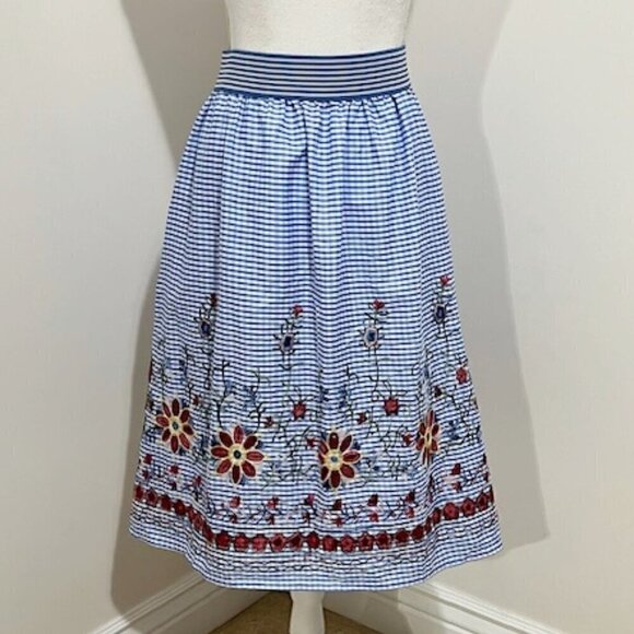 Magic Blue & White Gingham Plaid Skirt w/ Floral Embroidery - Picture 2 of 5